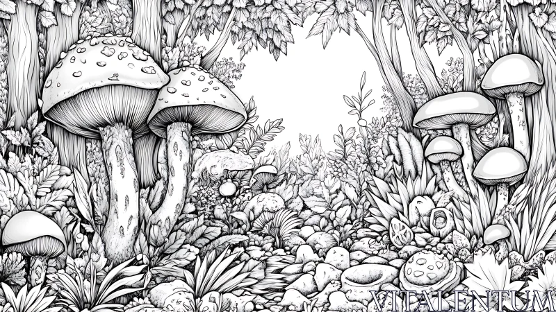 Mushroom Forest Floor: Intricate Black and White Line Illustration.