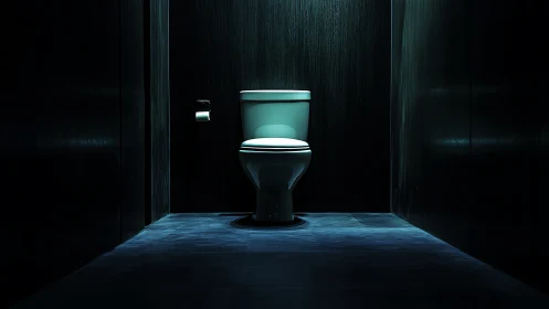 Minimalist toilet in dramatic low-key cinematic lighting.