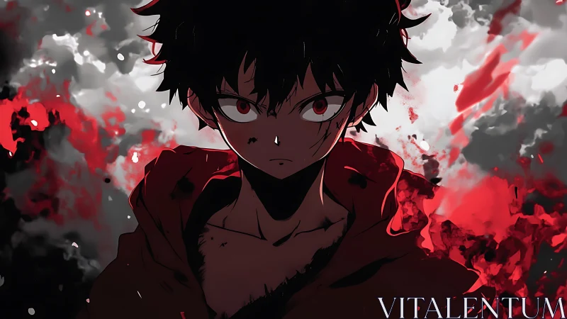 Dark-eyed anime warrior amid swirling red embers.