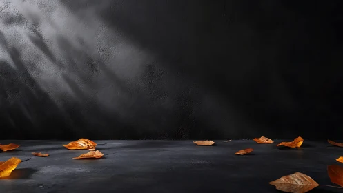 Low key studio backdrop with scattered dry autumn leaves on slate