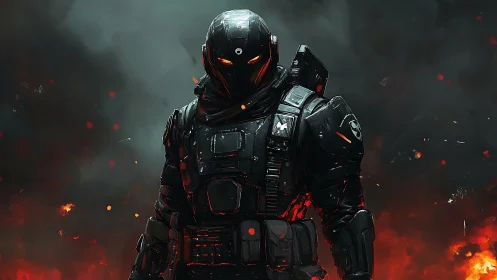 Armored futuristic soldier stands amid burning battlefield haze