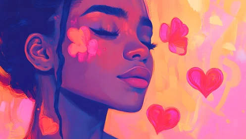Neon Portrait with Flowers and Hearts