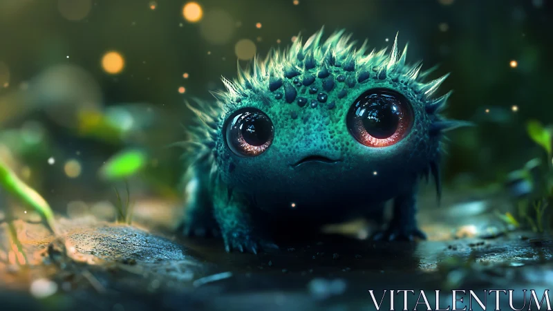 Small bioluminescent reptile creature in forest setting.