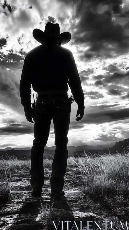 Silhouetted cowboy stands against storm-lit western sky.