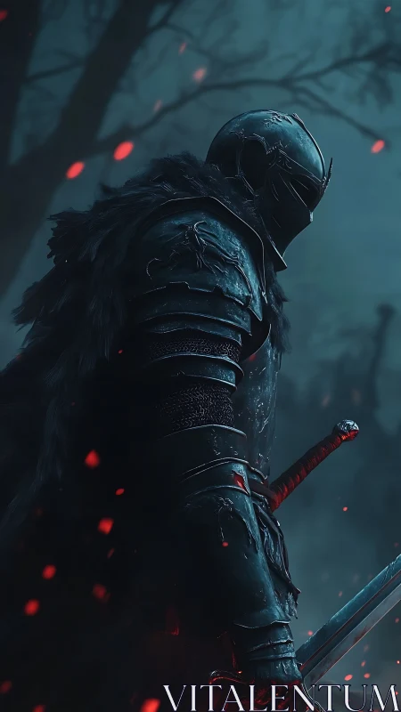 Armored warrior in dark forest with sword and embers.