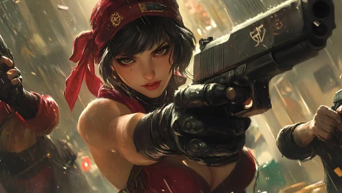 Digital painting of armed femme fatale in kinetic close-up framing.