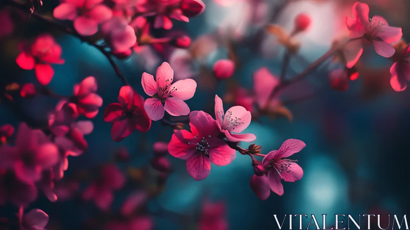 Pink Blossoms Against Teal Background with Selective Focus.