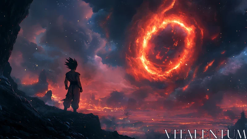Fiery celestial ring over lone warrior in volcanic twilight sky.