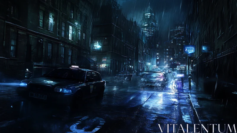 Rain-soaked cyberpunk city street glows in neon blue night.