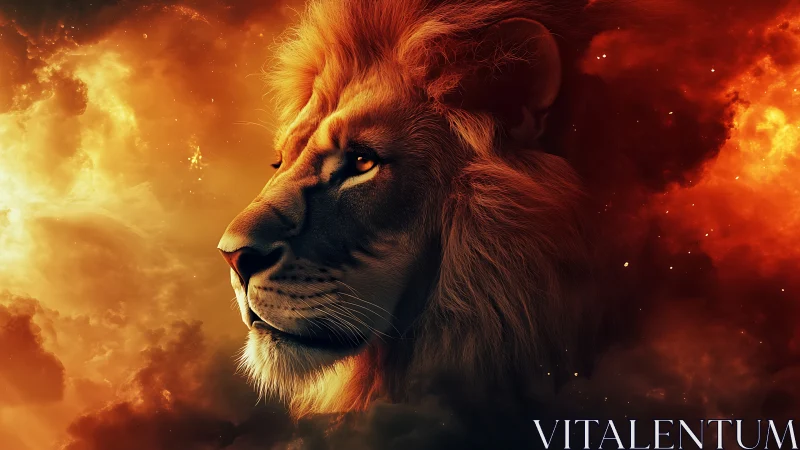 Majestic lion glowing softly amid swirling fiery clouds.