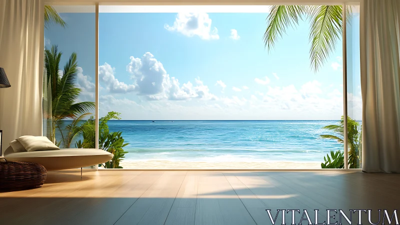 Luxury oceanfront lounge frames bright tropical seascape