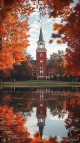 Red brick clock tower stands centered between autumn trees