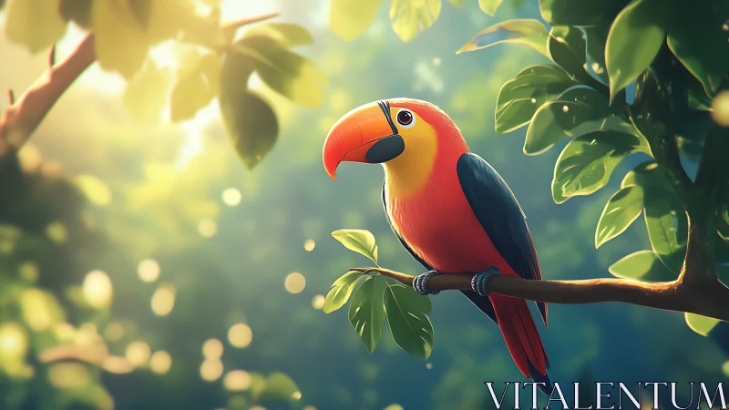 Vibrant cartoon toucan perched on branch in lush jungle sunlight.