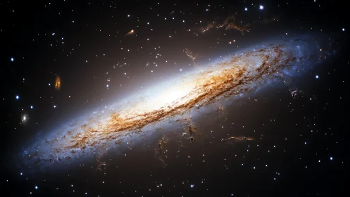 Edge-on spiral galaxy floats in dense star field of space
