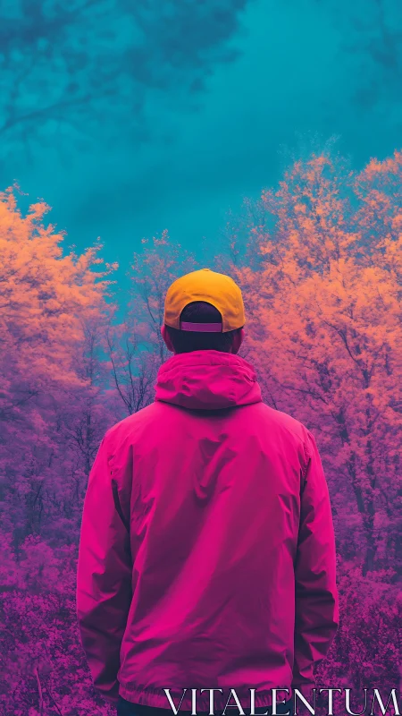 Person in magenta jacket facing surreal neon forest.