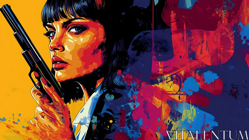 Woman with handgun in vivid pop art portrait illustration