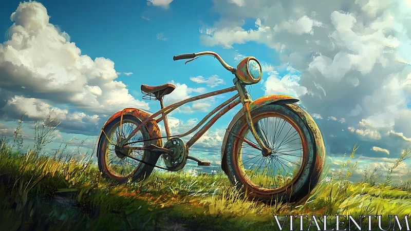 Vintage Bicycle with Weathered Frame Positioned in Pastoral Grassland Environment.
