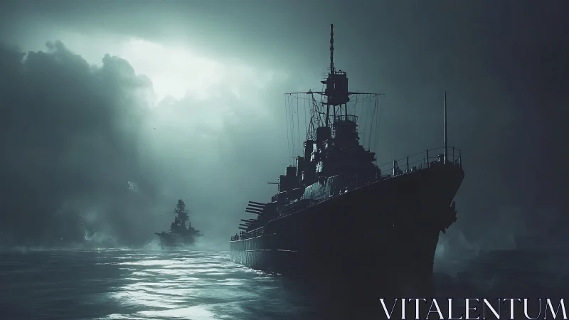 Heavily armed battleship advances through fog under backlit storm