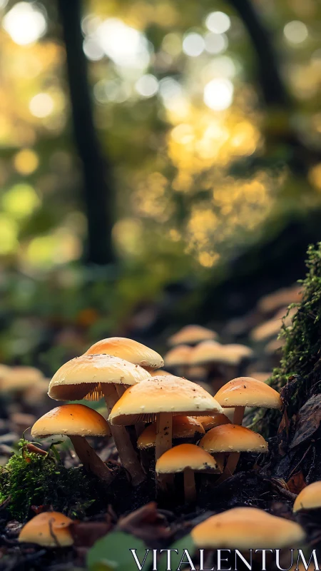 Macro study of clustered forest mushrooms in bokeh-lit understory.
