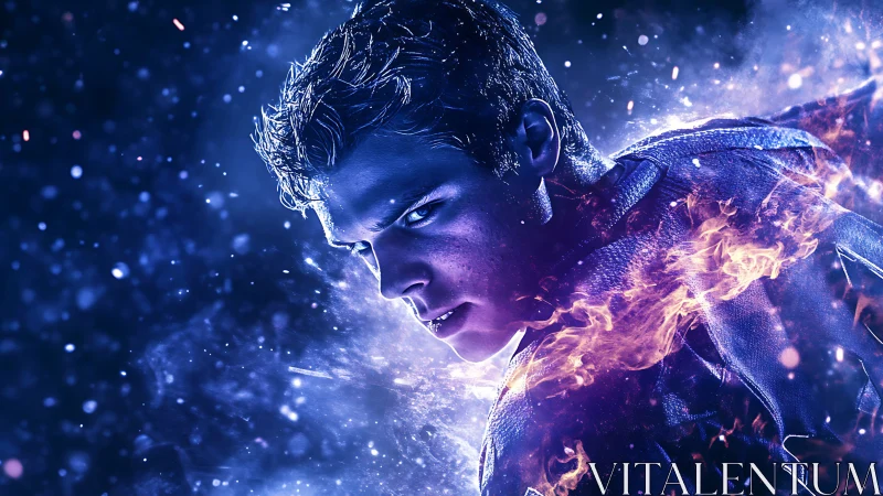 Intense blue sci fi portrait of fiery powered hero figure.