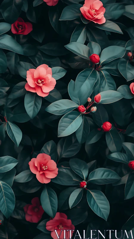 Red Camellia Flowers Among Deep Teal Foliage.