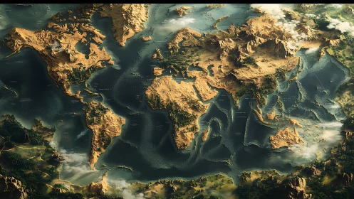 Cinematic world map rendered as sculpted 3D continents.