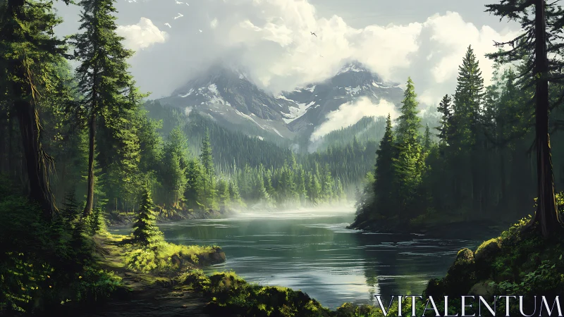 Misty mountain lake wrapped in quiet evergreen forest.