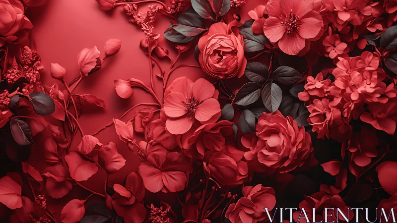 Monochromatic Floral Arrangement in Deep Crimson with Layered Relief Depth.