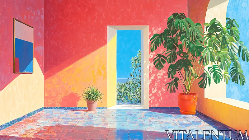 Sunlit palms quietly frame a painted doorway to sea air