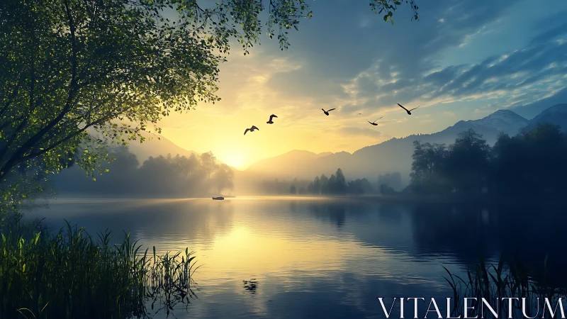 Misty mountain lake sunrise with birds over calm water.