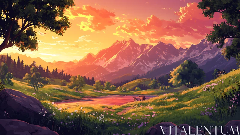 Sunset light bathes alpine meadow lake with grazing deer