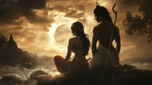 Mythic riverbank lovers under eclipsed golden sky.