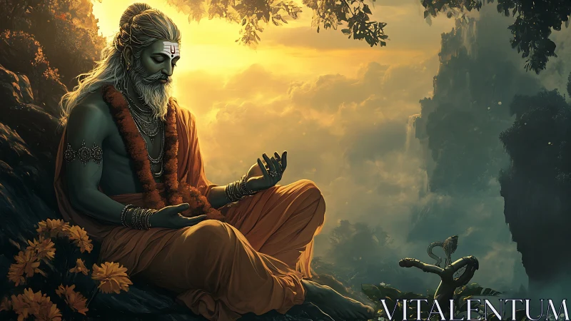 Mystic ascetic in sunset cloudscape with meditative biomorphic serpent.