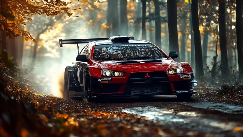 Rally-prepped Mitsubishi Evo slicing through misty forest stage