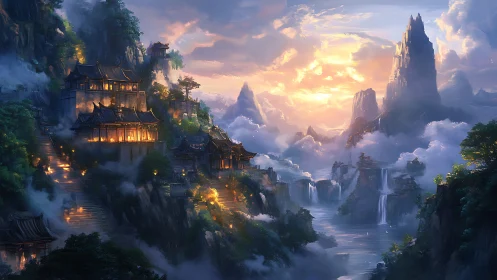 Lantern-lit mountain temples adrift above cascading clouds.
