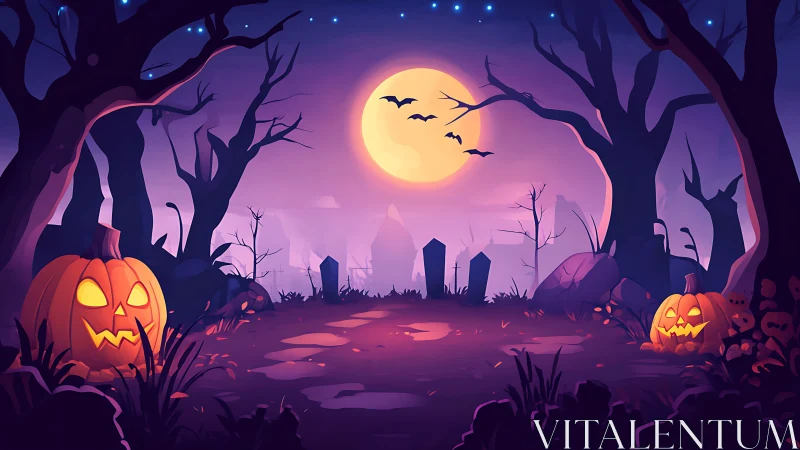 Halloween graveyard under full moon with glowing pumpkins.