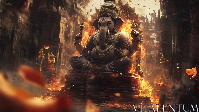 Fire crowned elephant deity thrones amid molten temple ruins.