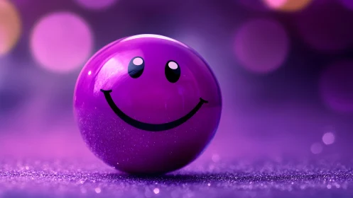 Vibrant purple smiley sphere beaming in dreamy bokeh glow.