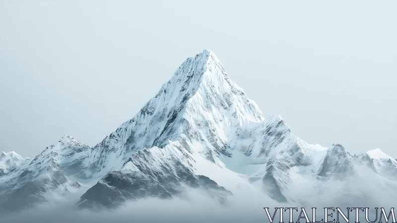 Snow covered mountain peak above rugged misty ridges.