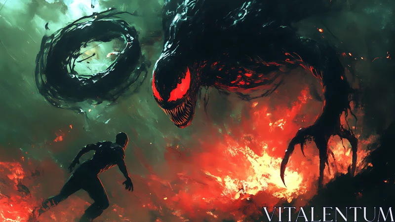 Hero faces swirling shadow beast in a fiery dreamscape.