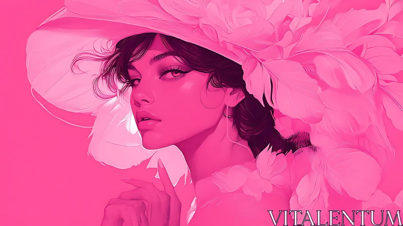 Monochrome magenta portrait with feathered hat detailing.