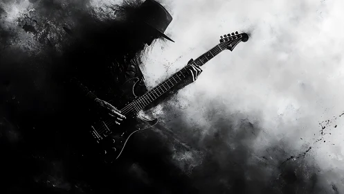Silhouetted rock guitarist dissolves into abstract smoke field