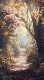 Luminous forest pathway framed by pink cherry blossoms and golden autumn foliage