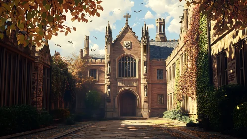 Golden autumn cloaks a quiet neo gothic college courtyard