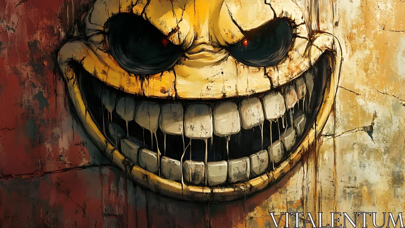 Grotesque cracked smiley face leaks menace on stained wall