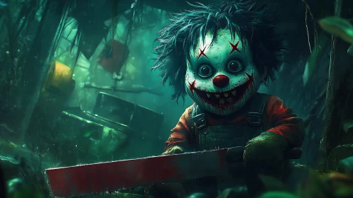 Nightmarish toy clown with machete in overgrown jungle ruin