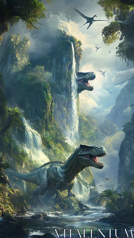 Friendly T. rex roaming a lush waterfall dinosaur valley.
