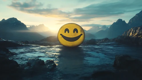 Smiling sphere glows over misty mountains at sunrise.