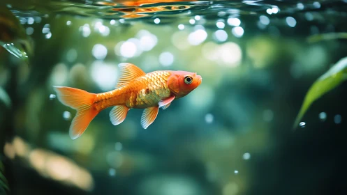 Vibrant goldfish glides through softly lit aquatic bokeh