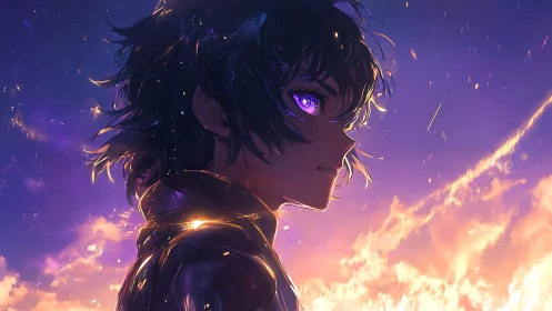 Starlit anime wanderer gazes into a glowing twilight sky